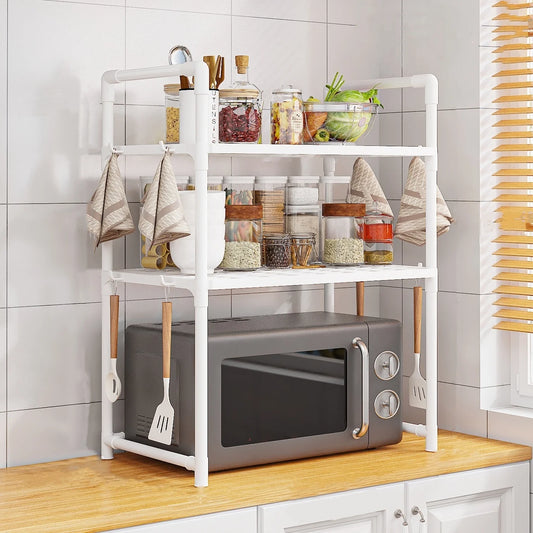 Durable Microwave Stand Shelf - Heavy Duty Countertop Rack for Oven, Spice & Dish Storage with Hooks, Plastic Utility Organizer