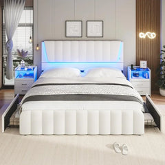 Full Size Bed Frame with Headboard and 4 Storage Drawers, Full Bed Frame with Led Lights & 2 USB Ports, Bed Frame