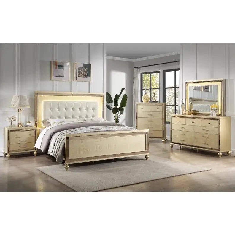 Queen Size Gold 4 Piece Bedroom Set include Mirror/Bed/1 Nightstand/Dresser