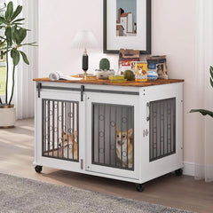 Dog Crate, End Table with Wheels and Flip Top Plate Dog House with Detachable Divider and Sliding Barn Door, Dog Crate