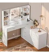 65.9'' Vanity Desk with LED Lighted Mirror;Power Outlet,Modern Corner Makeup Vanity Table 8 Drawers; Open Shelve, Dressing Table