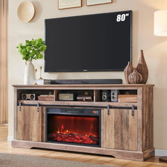 Fluted Fireplace TV Stand for TVs Up to 80 Inch with 30" Electric Fireplace, Modern Entertainment Center w/Waveform Panel Slidin