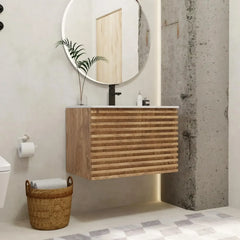 Floating Bathroom Vanity with Sink Combo Mid-Century Wall Mounted Cabinet Set with Wood Stripes, Drawers