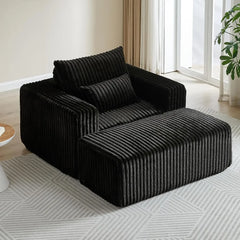 Oversized Chaise Lounge Chair with Removable Ottoman,Corduroy Upholstered Modern Deep Seat Sofa Couch with Pillows