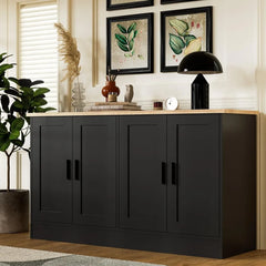 53.1“W Black 4 Door Buffet Cabinet, Coffee Bar Cabinet with Adjustable Shelf, Kitchen Buffet Sideboard for Living Room, Kitchen