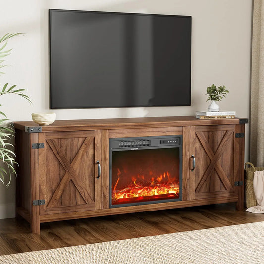 Fireplace TV Stand with Two Barn Doors and Storage Cabinets for Televisions up to 65+ Inch, Entertainment Center Console Table