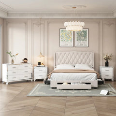 4-Pieces Bedroom Sets Queen Size Upholstered Bed with Three Drawers,Mirrored Nightstands and Dresser with handles and Legs