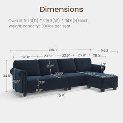 Velvet Sectional Sofa,L Shaped Sectional Couch with Reversible Chaise Convertible 4 Seater Sofa Couch，Living Room Sofas