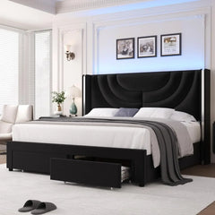 Queen Upholstered LED Bed Frame with 2 Storage Drawers, Velvet Platform Bed with Wingback Headboard, Solid Wooden Slats Support