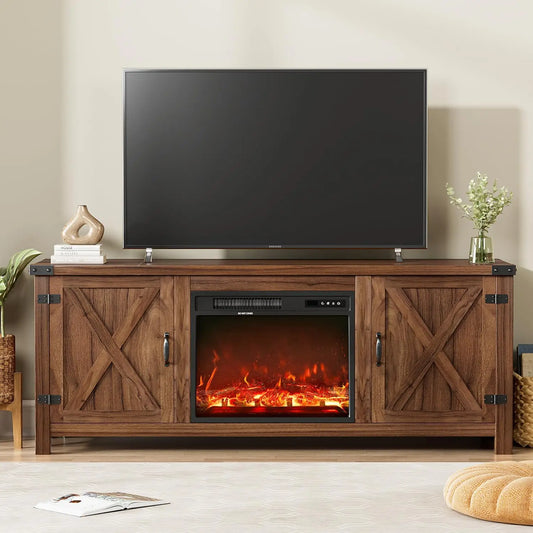 Fireplace TV Stand with Two Barn Doors and Storage Cabinets for Televisions up to 65+ Inch, Entertainment Center Console Table