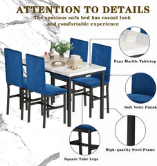 Dining Table Set for 4- Space Saving Kitchen Table and Chairs for 4, Modern Style Faux Marble Tabletop & 4 Blue Velvet Chairs