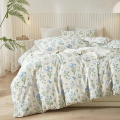 Duvet Cover Queen 100% Cotton, Green Garden Flower Pattern Bedding Duvet Cover Set Full Queen with Pillowcases Durable Zipper