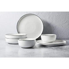 16 Piece Porcelain Dinnerware Set, White w/Black Rim, Service for 4, Dishwasher and Microwave Safe