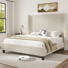 King Size 61" Corduroy Upholstered Bed Frame, Platform Beds with Vertical Stripe Wingback Headboard Bed