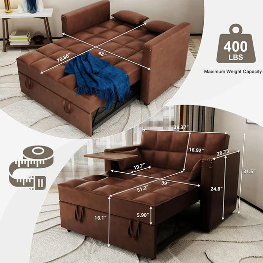 Convertible Sofa Bed, 3-in-1 Multi-Functional Faux Leather Sleeper Couch Pull-Out Bed, 48'' Loveseat Bed Chaise Lounge with Adju