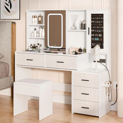 Fluted Makeup Vanity Desk with Mirror and Lights Modern Drawer Storage LED Table Power Outlet Small for Bedroom Dressing