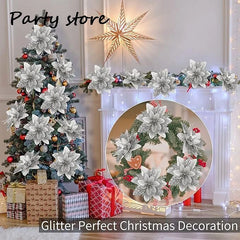 Blue Glitter Christmas Flower 2024 Xmas Tree Artifical Flower Ornaments Merry Christmas DIY Decoration Home Happy New Year Party