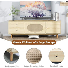 Boho TV Stand with Rattan Door, Modern Entertainment Center for 70 Inch TV, Media Console Table with Cabinet Storage