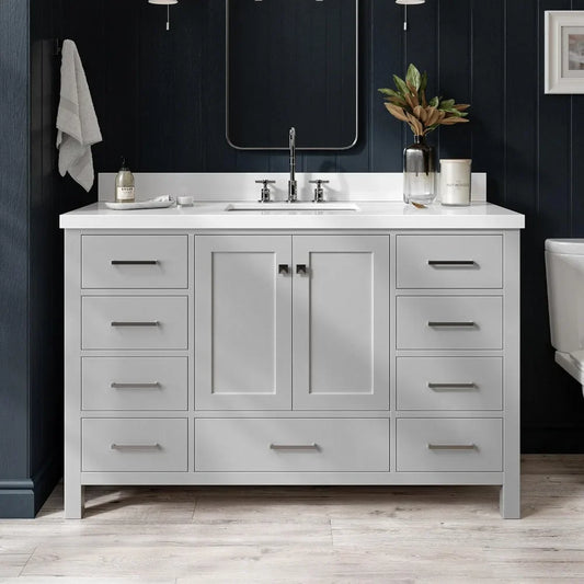 Bathroom Vanity with Edge Pure White Quartz Countertop & Backsplash, Center Rectangular Sink, 2 Soft Closing Doors