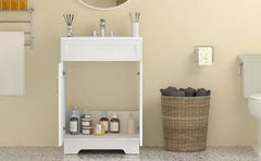 Vanity with Ceramic Sink, Bathroom Vanity Cabinet with 2 Doors, 24 Inches Wooden Bathroom Sink Cabinet, White