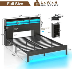 Bed Frame with Bookcase Storage Headboard,Slide Out Bedside Storage, Bed with Charging Station&LED Lights Heavy Duty Metal Slats