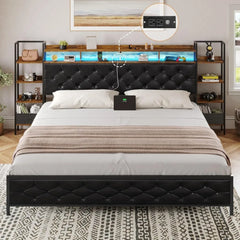 Bed Frame with Bookcase Storage Headboard and Charging Station,Metal Led Platform Bed,LED Lights,No Box Spring Needed,Bed Frames