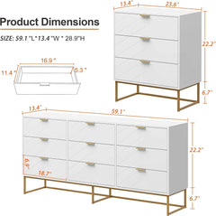 Large Chest of Drawers,59" 9 Drawer Dresser,White Dressers with Storage,Cabinet for Bedroom,Dressers for Living Room, Bedroom