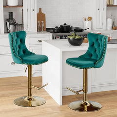 Bar Stools Set of 2,Adjustable Barstools with Back Velvet Tufted Counter Stool Modern Upholstered Bar Chairs with Nailhead