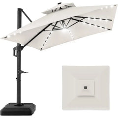 10x10ft 2-Tier Square Cantilever Patio Umbrella with Solar LED Lights, Offset Hanging Outdoor Sun Shade