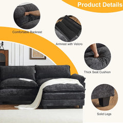 Sectional Sofa Modular Deep Seat Couch with Ottoman Chenille Sofa Sleeper Comfy Upholstered Furniture 2-Seat & 1-Ottoman Black