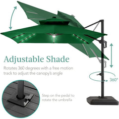 10x10ft 2-Tier Square Cantilever Patio Umbrella with Solar LED Lights, Offset Hanging Outdoor Sun Shade