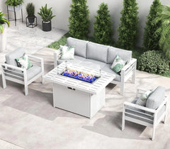 QLayinSun Aluminum Furniture with Fire Pit Table, 5 Pieces Patio Sectional Conversation Chat Sofa Modern Seating Set