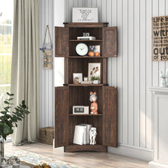 Farmhouse Corner Cabinet, 5-Tier Tall Storage Cabinet with Barn Doors & Adjustable Shelves, Corner Storage Cabinet, White/ Brown