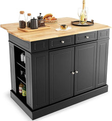 Kitchen Island with Drop Leaf, Rubber Wood Top, 2 Drawers, Storage Cabinets, Spice Racks, Adjustable Shelves