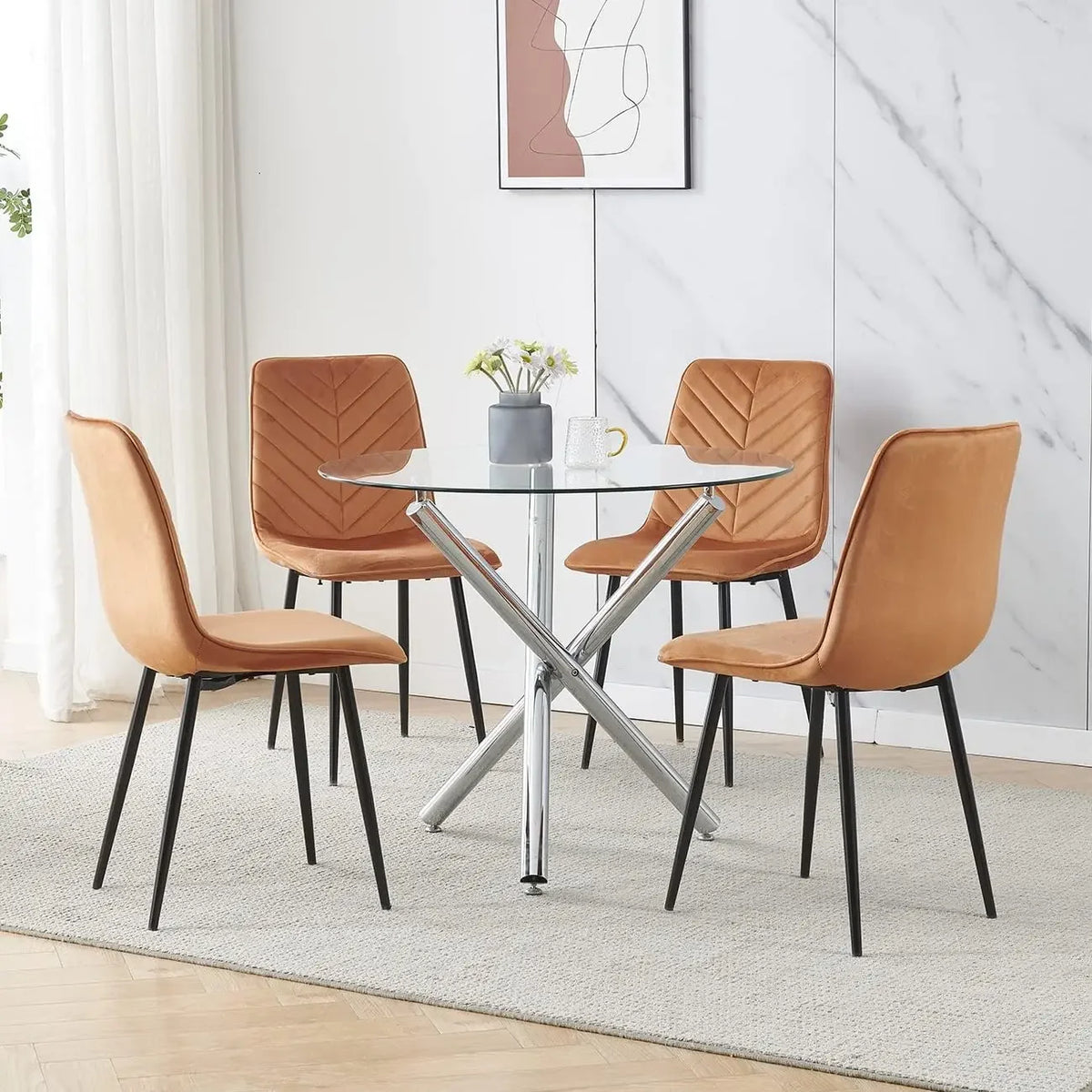 Dining Table and Chairs, 35.4 Inch, 4 Gray Velvet Dining Chairs, Modern Dining Room Sets, Glass Dinings Table Sets