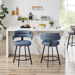 Counter Height Bar Stools with Full Back – Swivel Counter Stools Set of 2 with Linen Padded Back, Metal Footrest,Blue 24 inch