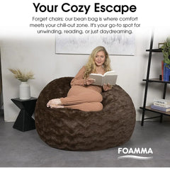 Foamma Faux Fur Bean Bag Chair, Brown - 5ft Plush Floor Chair Kids and Adults Washable Cover, Lounge Chair Stretchable Fabric