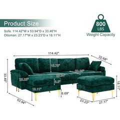 U-Shaped Sectional Sofa Couch, Modern Velvet Couch Set with Chaise Lounge, Ottoman and Pillows for Living Room Office Apartment