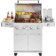 Grills 4-Burner Propane Gas Grills Stainless Steel Cabinet Style with Side & Side Sear Burners, Built-In Thermometer, BBQ Grill