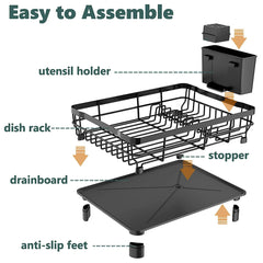 Iron Dish Drying Rack with Drainboard Drainers for Kitchen Counter Sink Adjustable Spout Strainers with Knife Utensil Holder