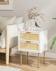 Rattan Nightstand with Charging Station, 2 Drawer Dresser for Bedroom, Small Bedside Table with 2 Drawers, Night Stand,