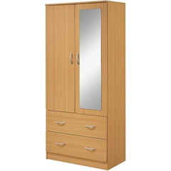 2 Door Wood Wardrobe Bedroom Closet with Clothing Rod inside Cabinet, 2 Drawers for Storage and Mirror, White