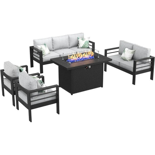 QLayinSun Aluminum Furniture with Fire Pit Table, 5 Pieces Patio Sectional Conversation Chat Sofa Modern Seating Set