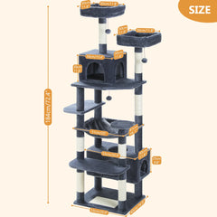 Large Cat Tree Tower for Indoor Cats With Sisal-Covered Scratching Posts Spacious Hammock Padded Perches and Condos Dark Grey