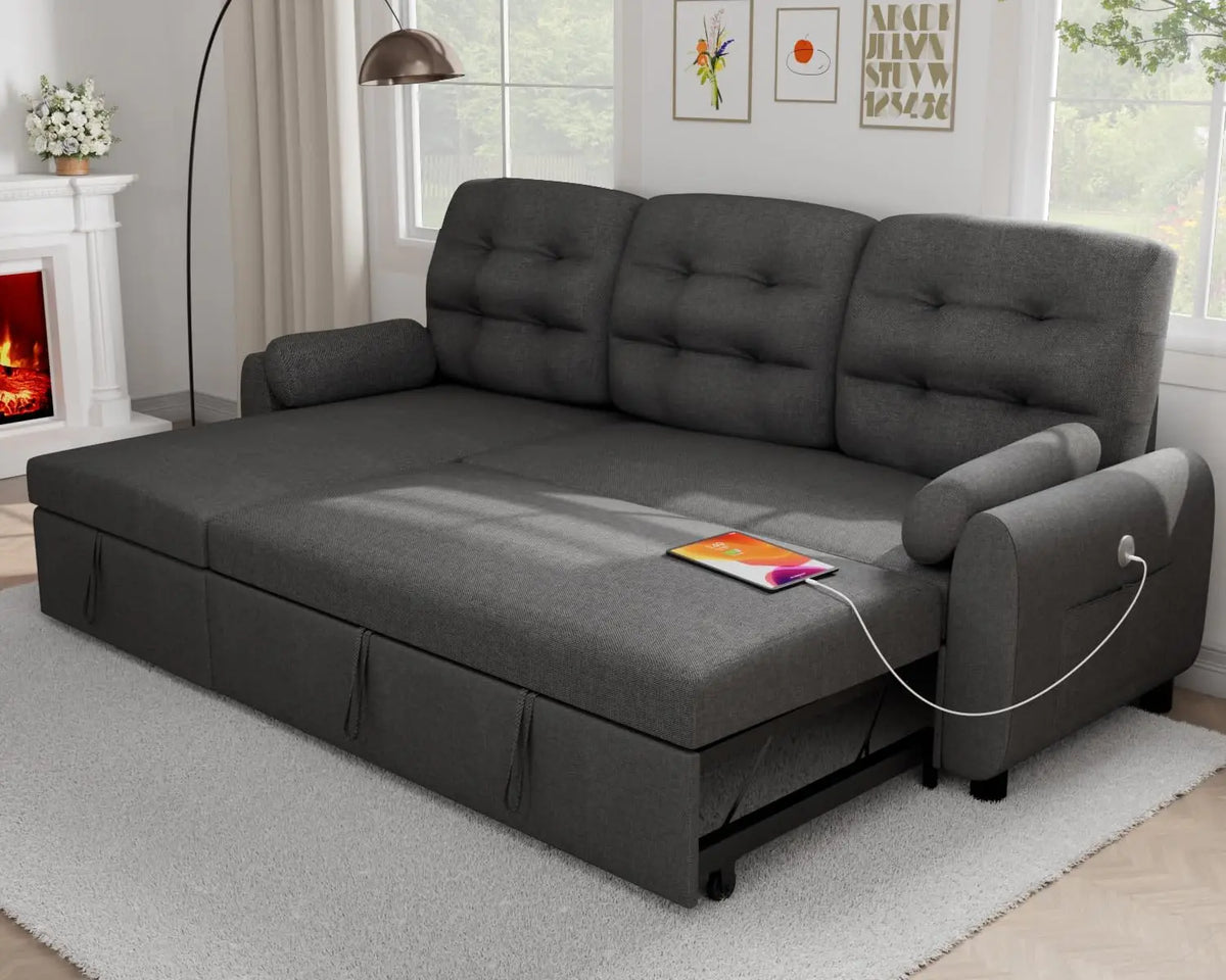 Sectional Sofa Couch 87" Sleeper Sofa Bed with Reversible Storage Chaise Pull Out Couch for Living Room Side Pocket Dark Grey