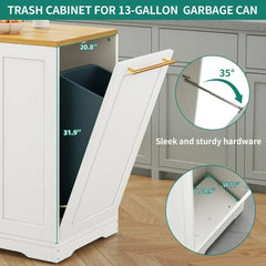 53 Inch Large Rolling Kitchen Island with Trash Can Storage Cabinet, Portable Mobile Islands Table Long Floating Movable