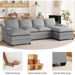 Sectional Couches for Living Room, U-Shaped Couch 4 Seat Sofa Set with Double Chaises, Modern Fabric Modular Sectional Sofa