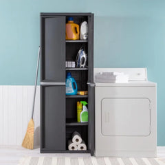 4 Shelf Cabinet, Heavy Duty and Easy to Assemble Plastic Storage Unit, Organize Bins in the Garage, Basement, Attic