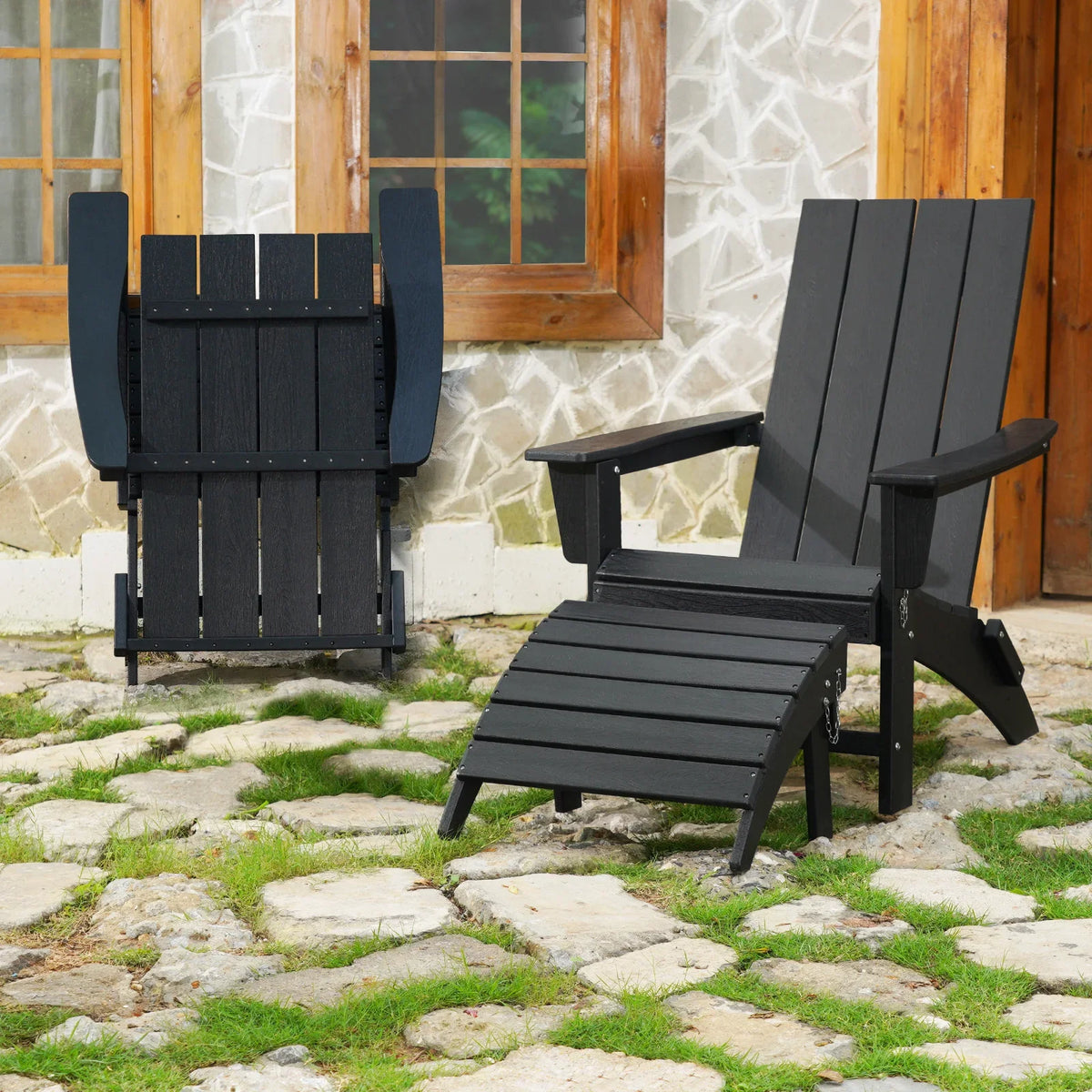 Outdoor Wooden Folding Adirondack Chair With Footrest Weather Resistant Fire Pit Chair Patio Chairs Set