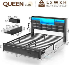 Bed Frame Queen Size with Drawers and Charging Station, Upholstered Platform Bed with Storage Headboard and LED Light,Bed Frames